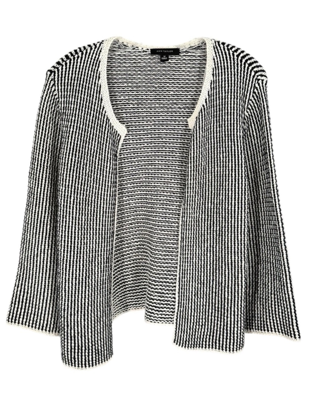 Ann Taylor Sweater Blazer Womens Size Medium Ivory Navy Slip Stitch Knit Open